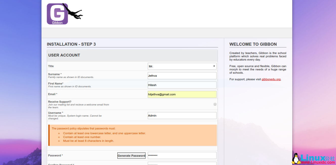 Create user account in Gibbon
