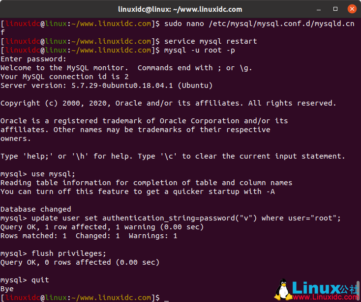 Ubuntu 18.04.4 LTS 上安装和使用 MySQL 及忘记 root 密码的解决