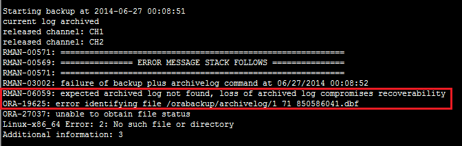 RMAN 备份报 RMAN-06059 错误 RMAN 备份报 RMAN-06059 错误