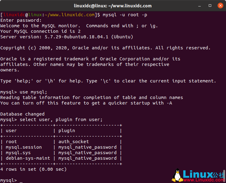Ubuntu 18.04.4 LTS 上安装和使用 MySQL 及忘记 root 密码的解决