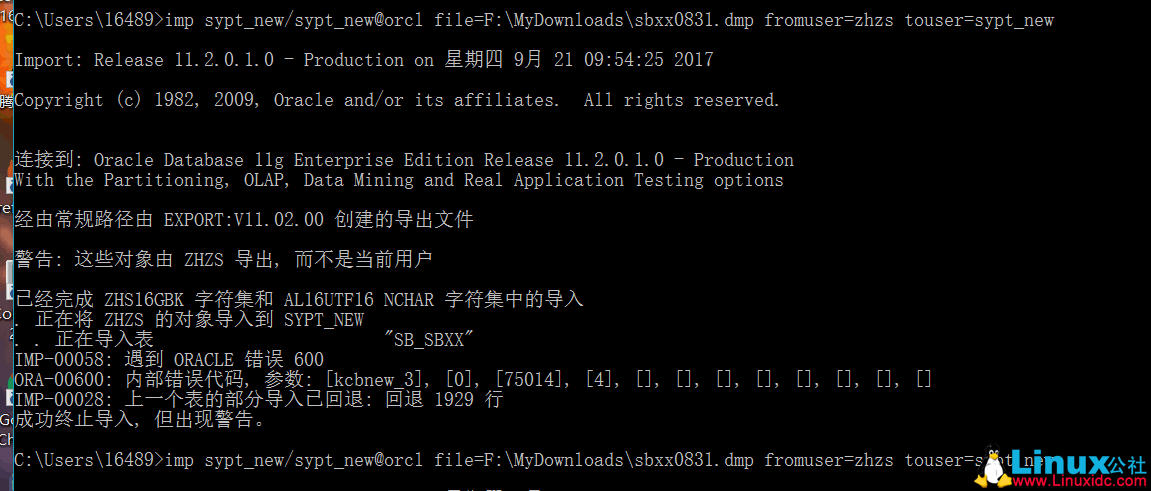 Oracle 导入数据报 600 错误