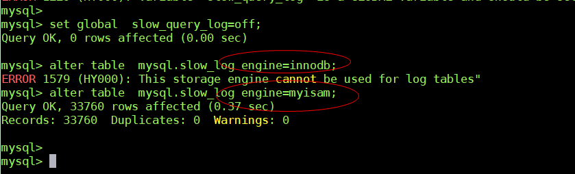 MySQL slow_log 表不能修改成 innodb 引擎 MySQL slow_log 表不能修改成 innodb 引擎