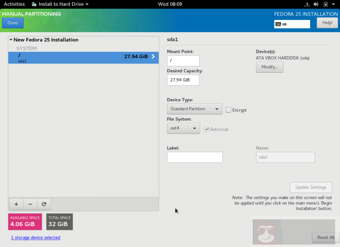 Fedora 25 Workstation 安装指南
