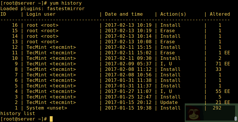 使用 Yum 查找软件的安装或者删除记录