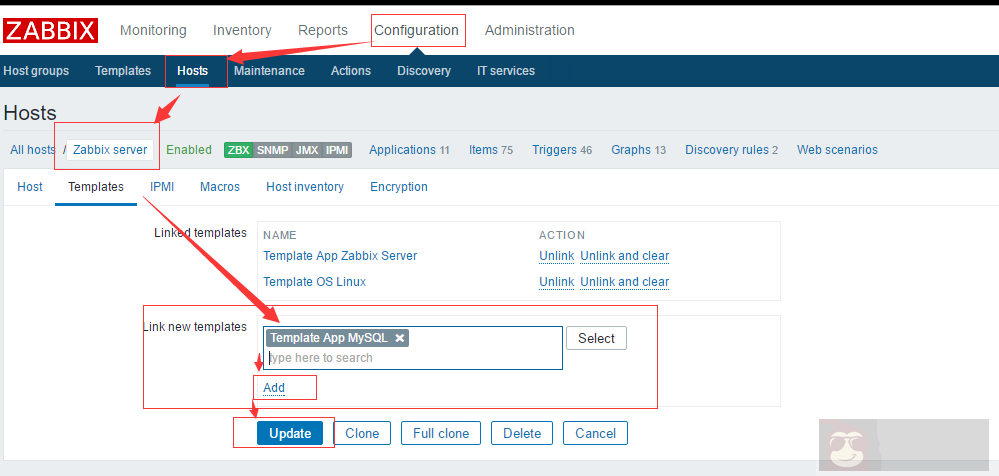 Zabbix-3.0.3 使用自带模板监控 MySQL