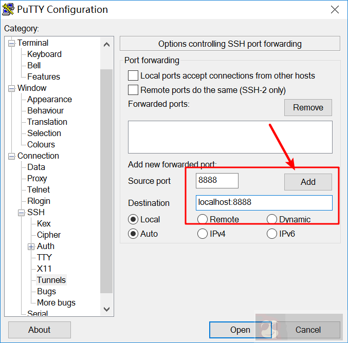 用 PuTTY 进行端口转发并且启动应用程序