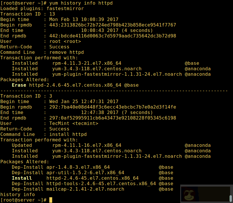 使用 Yum 查找软件的安装或者删除记录