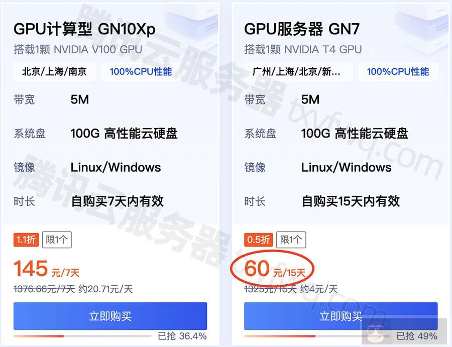 腾讯云 GPU 服务器 GN7 实例租用价格表